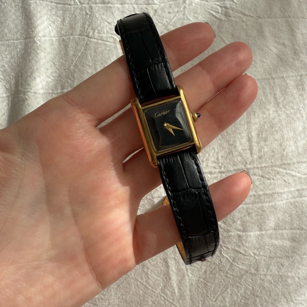 Cartier Electroplated 18k Gold Tank, black Croc strap. 1980s